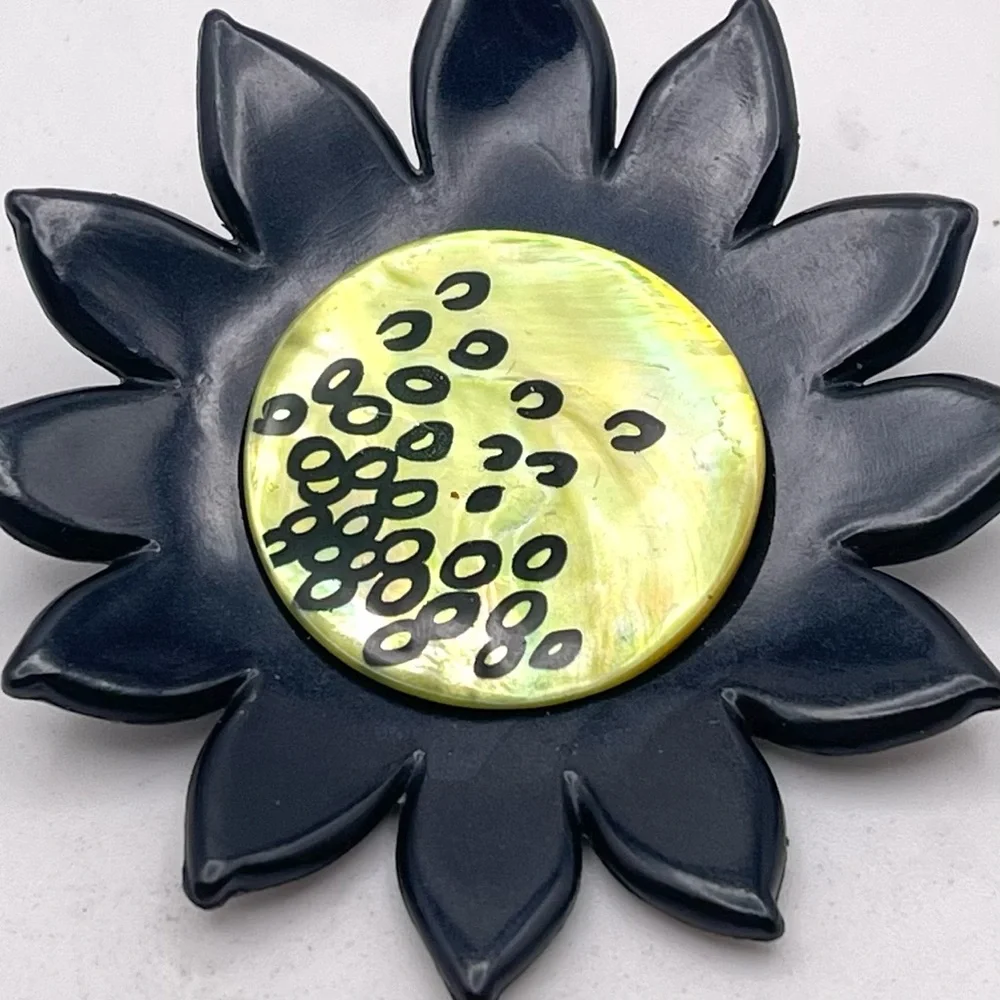 Vintage Artisan Resin Sunflower Brooch Black and Abalone Lime Green Handpainted